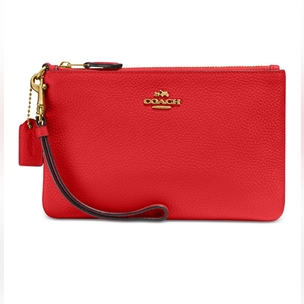 Coach Small Wristlet in red polished pebble leather.